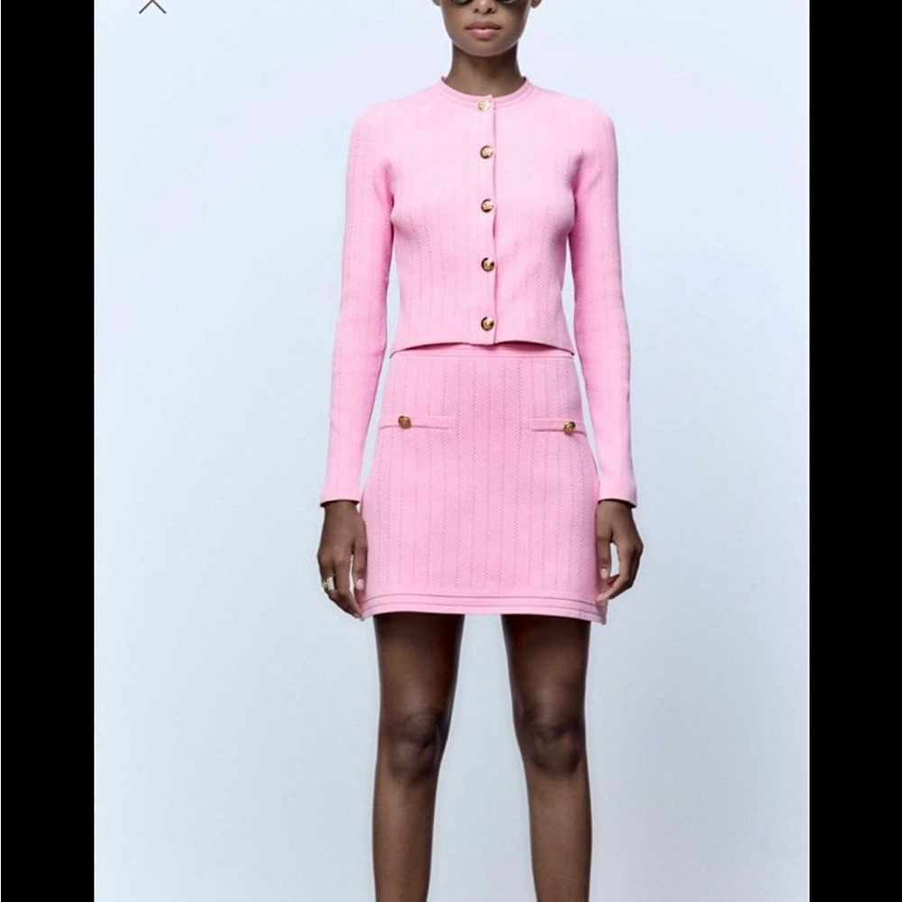 Zara NWT pink coord matching 2 piece skirt and button cardigan set - Picture 4 of 17